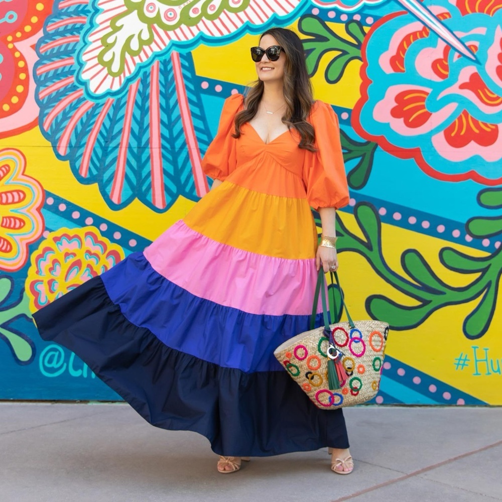 NWT Anthropologie Farm Rio Colorblock Maxi Dress Puff Sleeve XXS